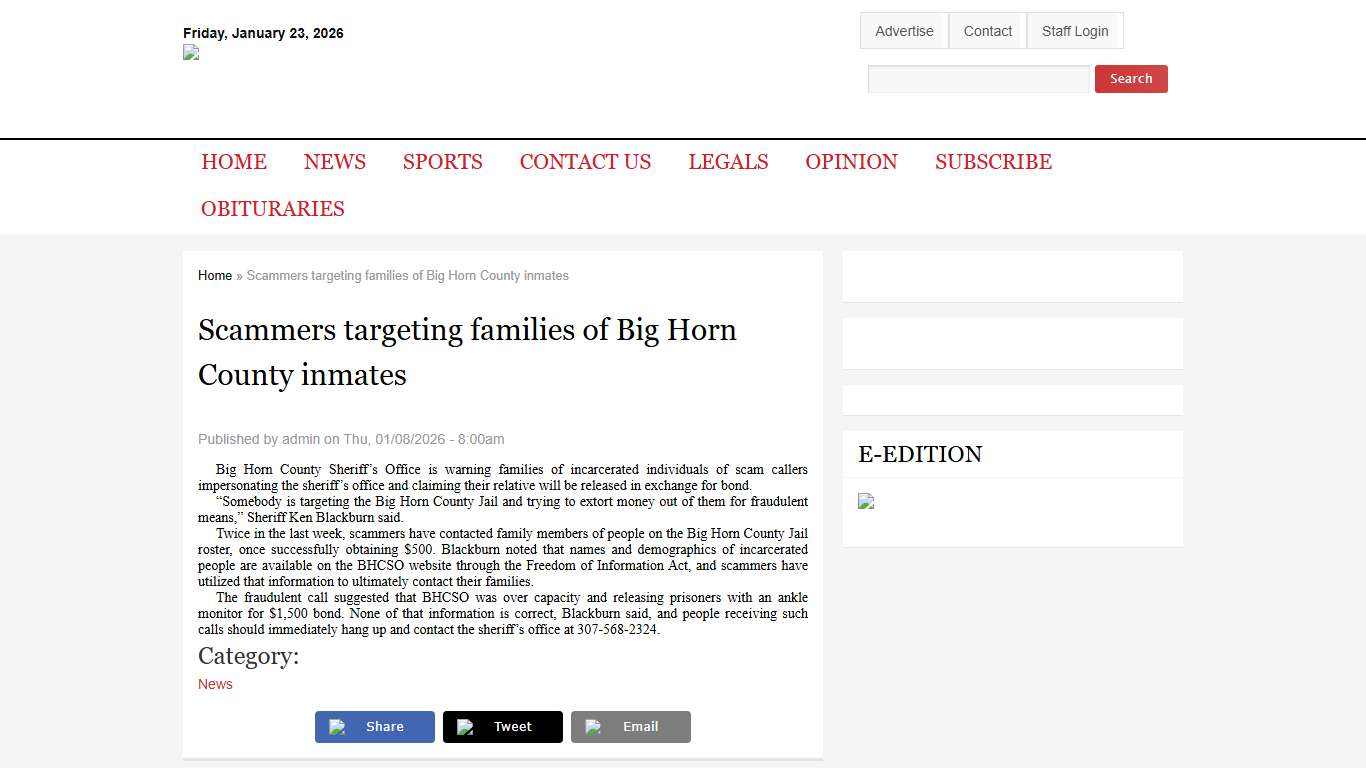 Scammers targeting families of Big Horn County inmates Basin Republican Rustler